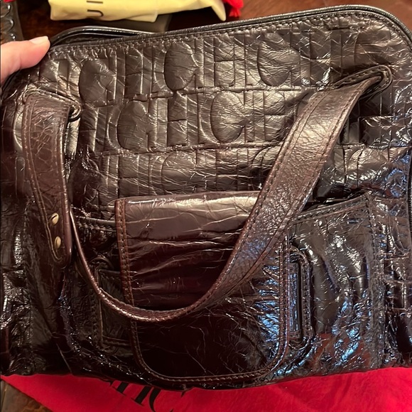 Carolina Herrera chocolate Brown Leather Bag monogram purse tote - Picture 2 of 10
